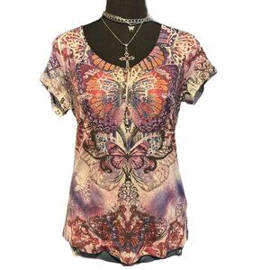 purple butterfly print henley style top